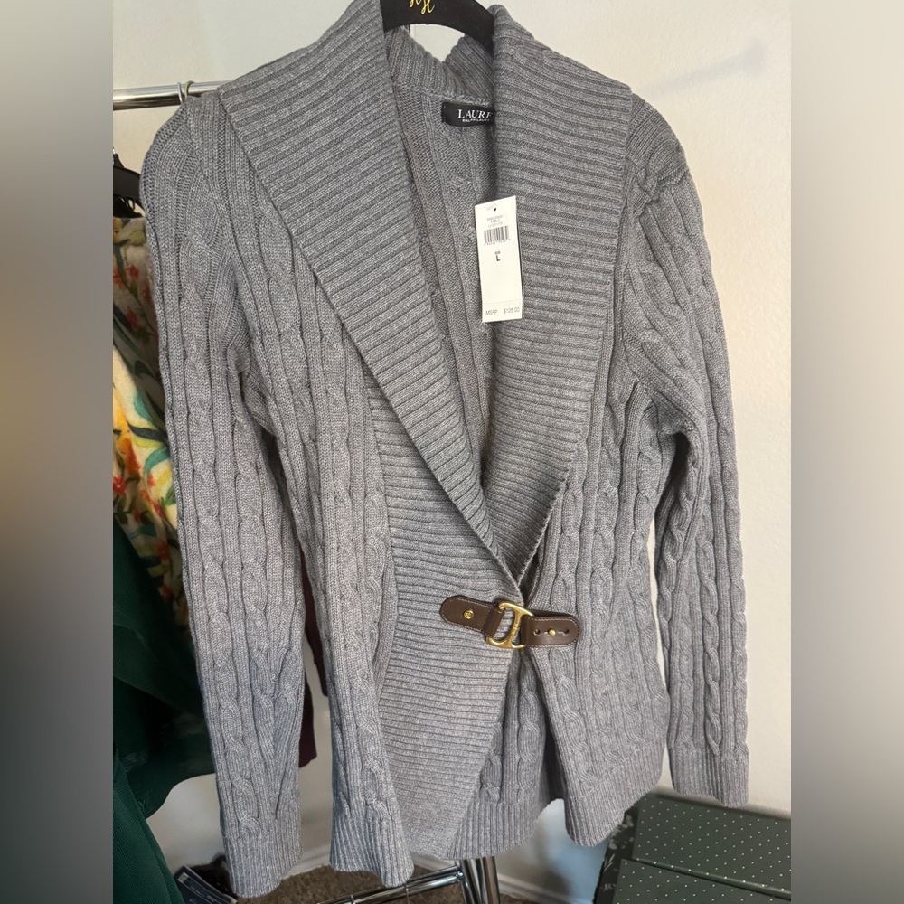 Ralph Lauren Gray Cable Knit Shawl Collar Cardigan with Leather Buckle